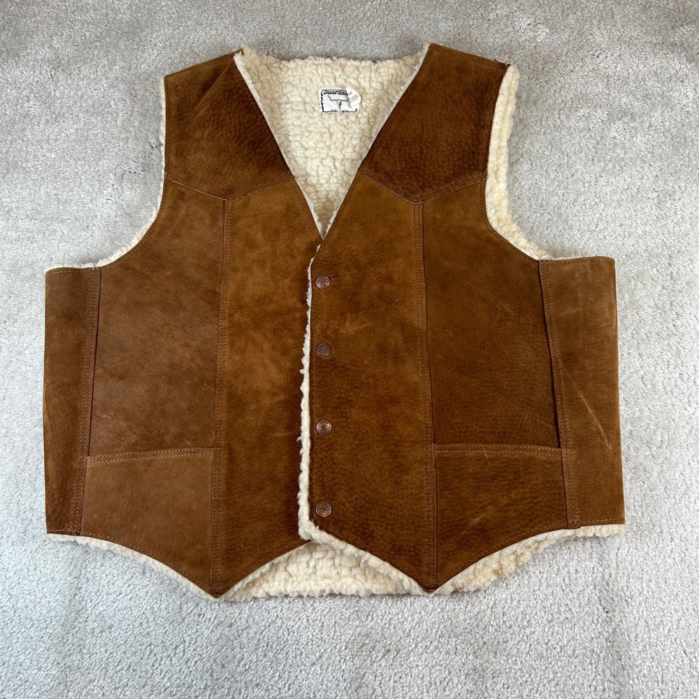 Steer Brand Suede Leather Western Vest‎ Mens XL Brown Faux Shearling Lined USA